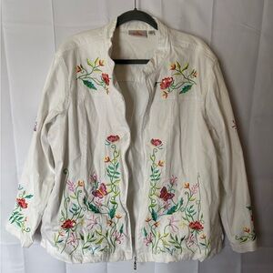 NWOT Quacker Factory Floral Embroidered White Zip Up - Size 2X